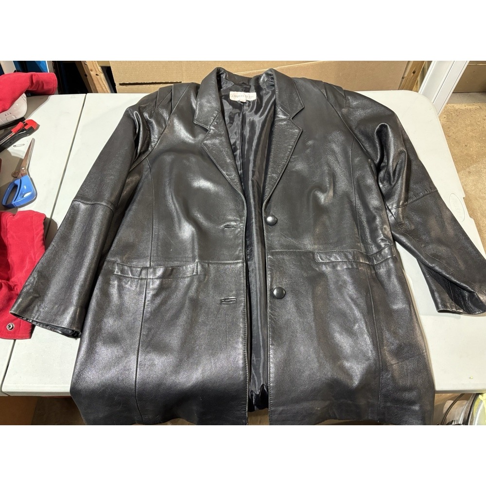 Charles Klein Women Jacket XL Black Genuine Leather Button Up Collar‎ Blazer